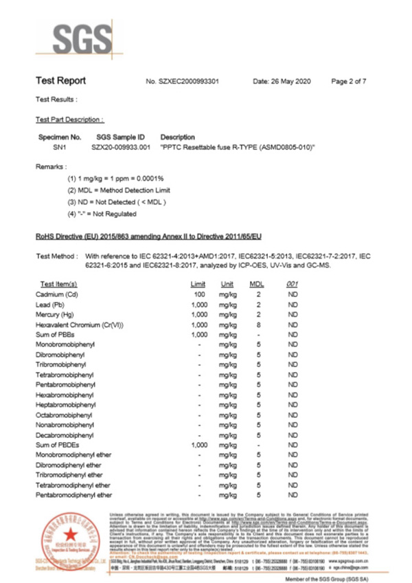 貼片自恢復(fù)保險(xiǎn)絲SGS認(rèn)證報(bào)告2
